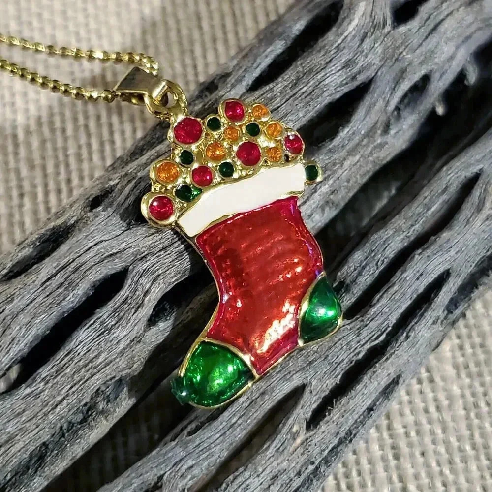 Christmas Stocking Red Green Gold Enamel Holiday Pendant Necklace